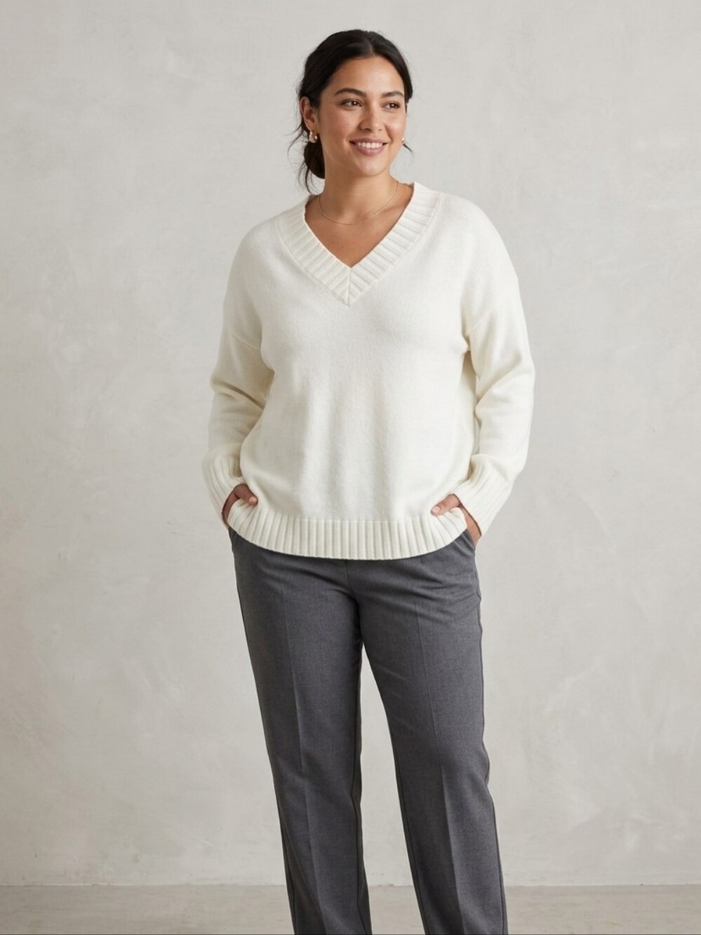 IMILY BELA Women's V-Neck Ribbed-Trim Sweater in Cream.     S 11